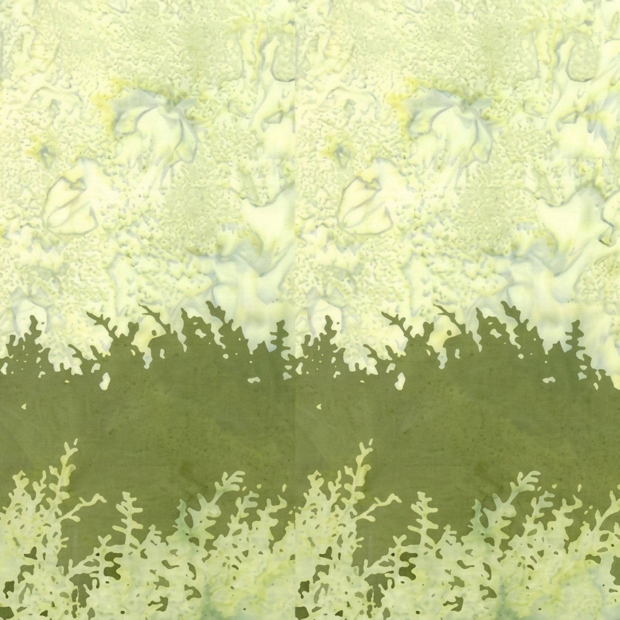 Olive green pale yellow-green botanical silhouette double border batik quilting fabric for quilt borders and nature patchwork