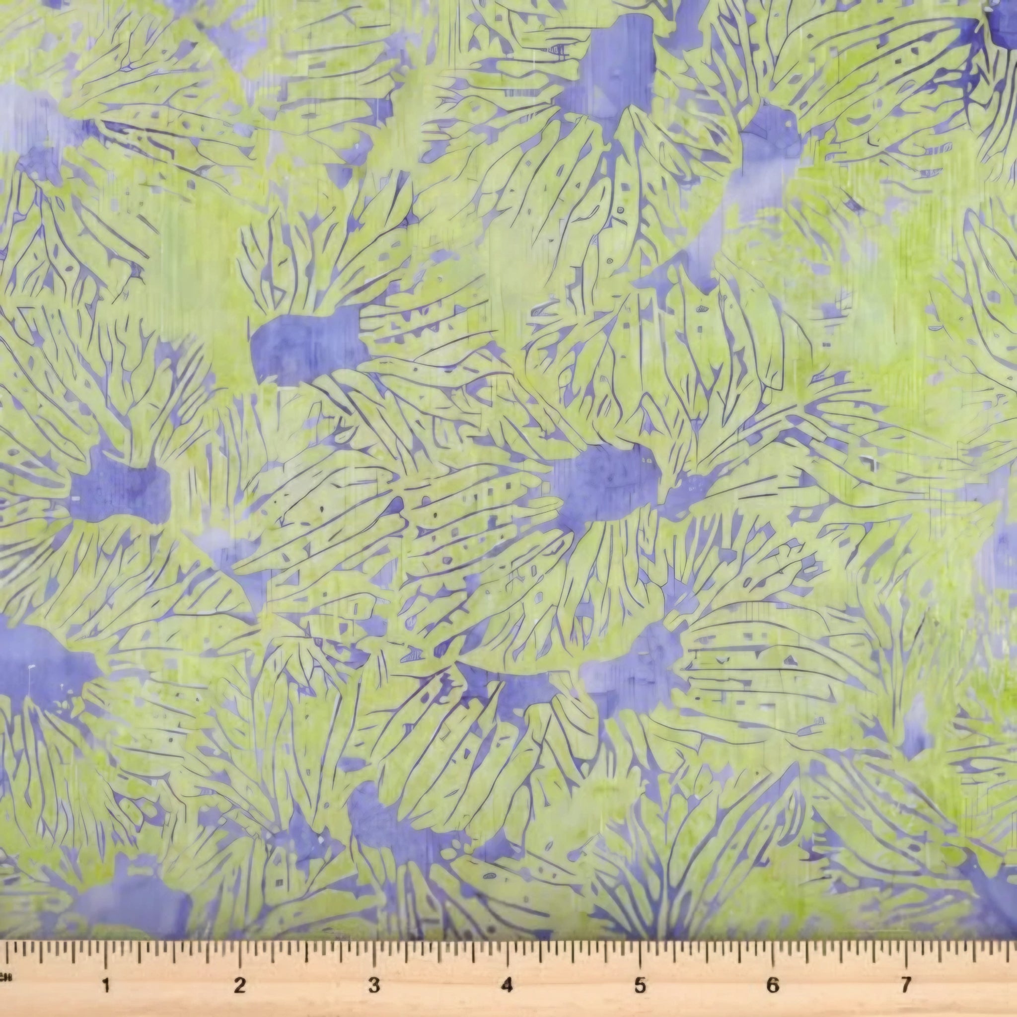 Yellow green periwinkle blue bold petal batik quilting fabric for nature quilts and patchwork projects