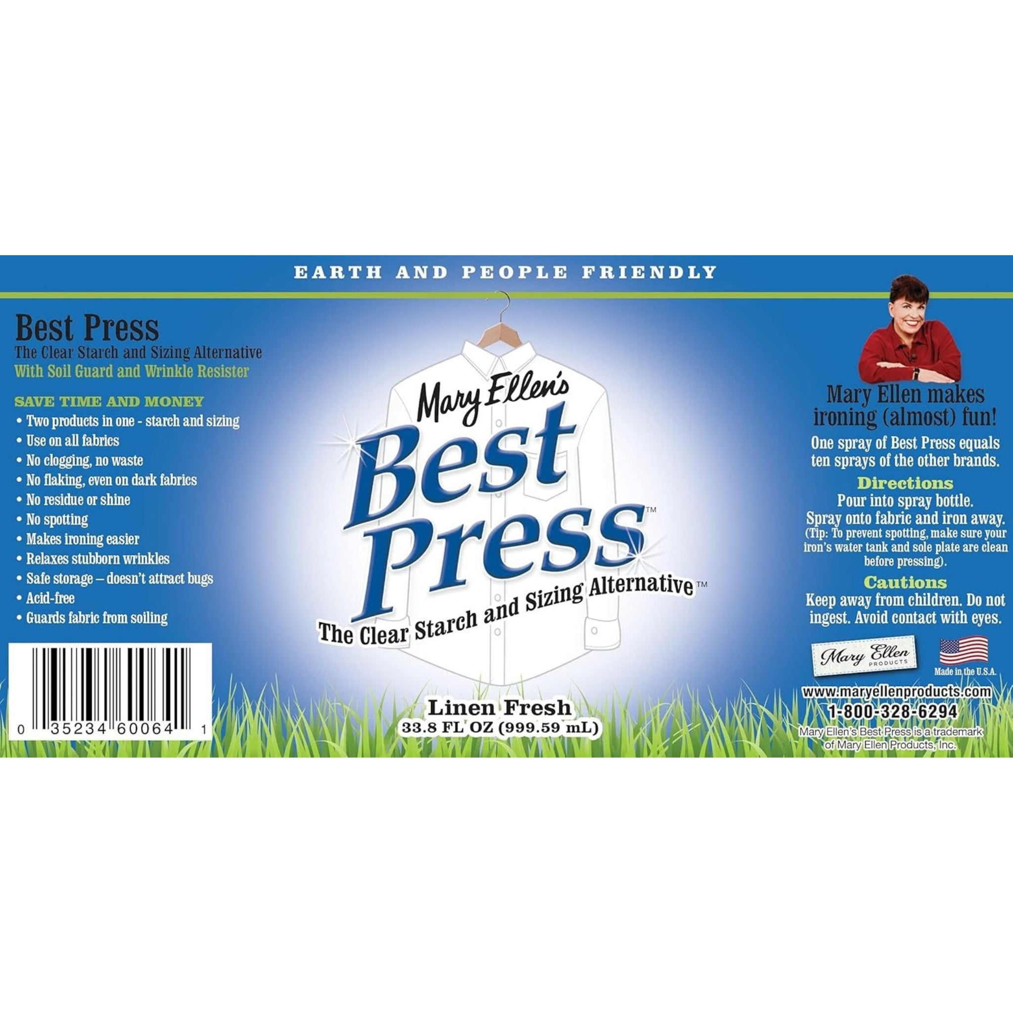 Mary Ellen's Best Press linen fresh 1L refill label clear starch sizing alternative for quilting sewing and ironing