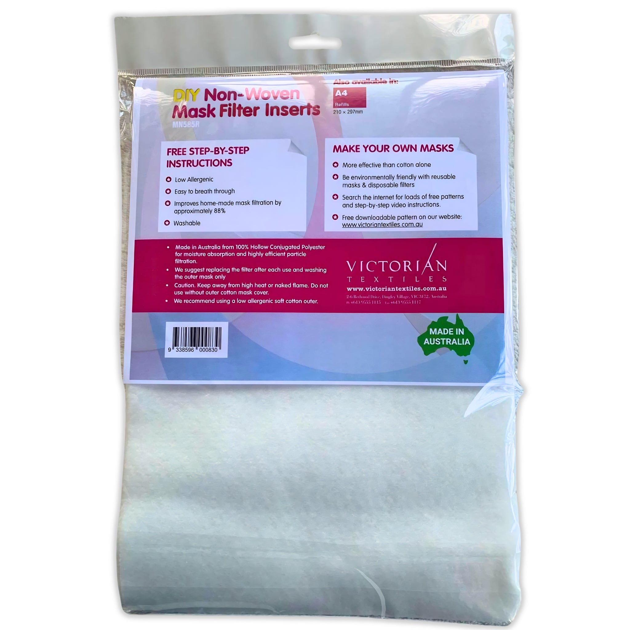 Matilda's Own DIY non-woven mask filter inserts MN585R hollow conjugated polyester particle filtration washable reusable Australian made Victorian Textiles