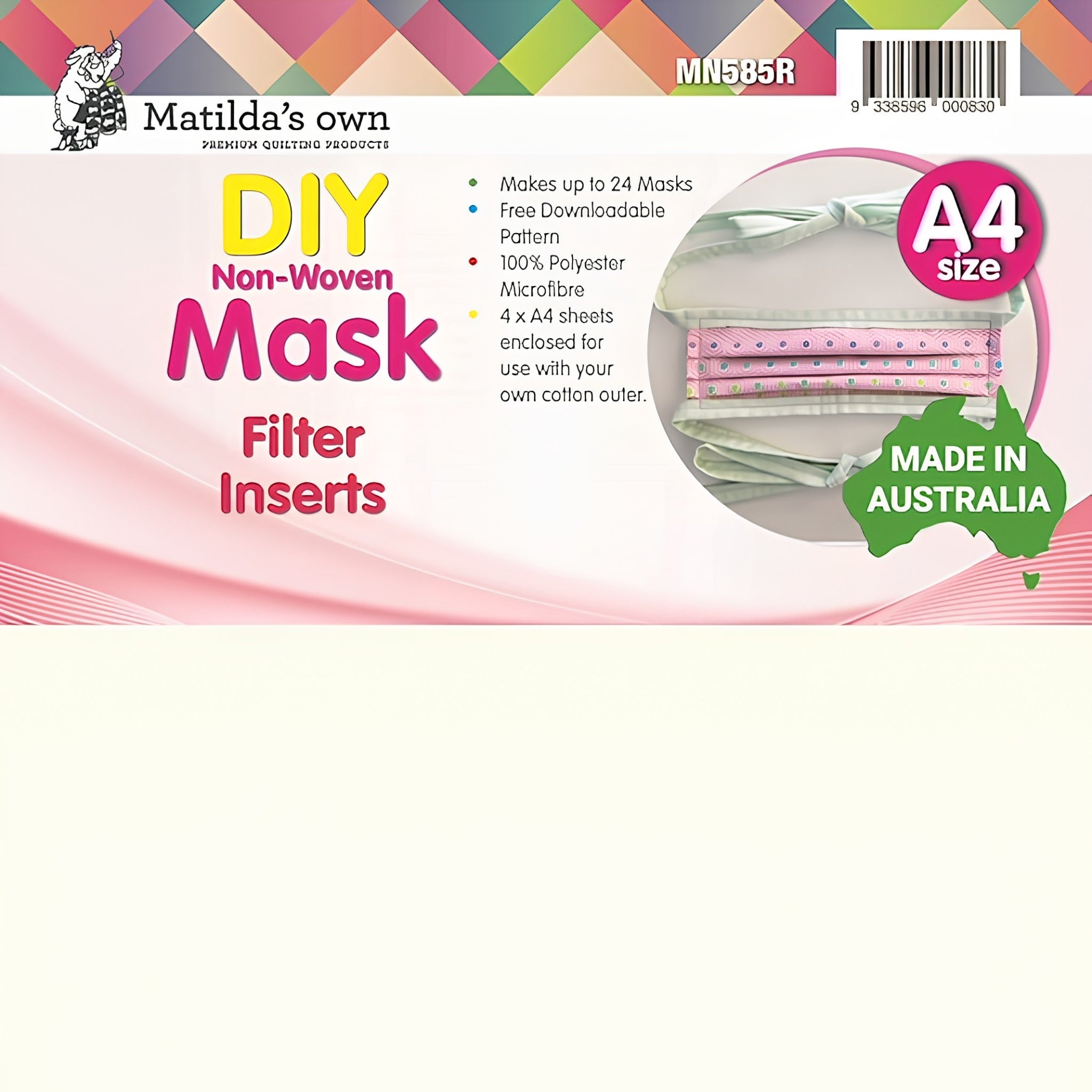 Matilda's Own DIY non-woven mask filter inserts MN585R A4 size 100% polyester microfibre makes up to 24 masks Australian made