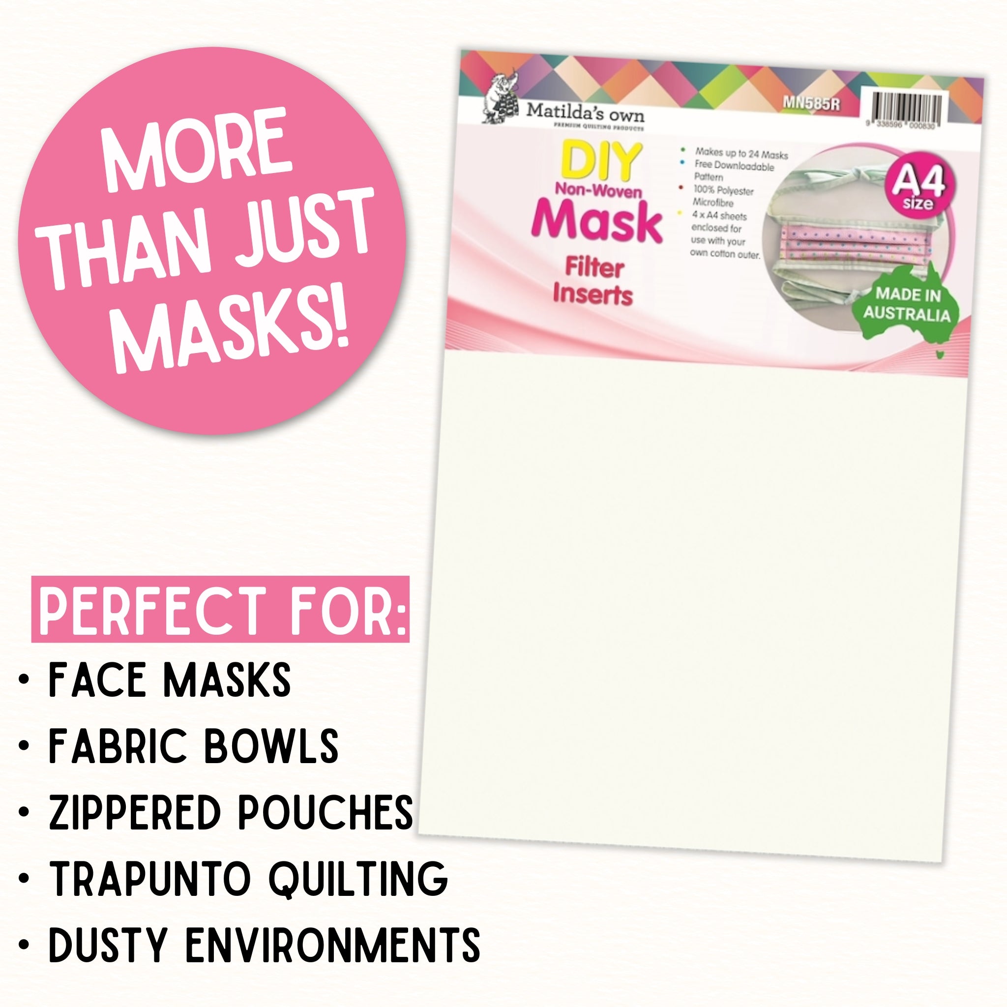 Matilda's Own DIY face mask filter inserts A4 pack perfect for face masks fabric bowls zippered pouches trapunto quilting dusty environments