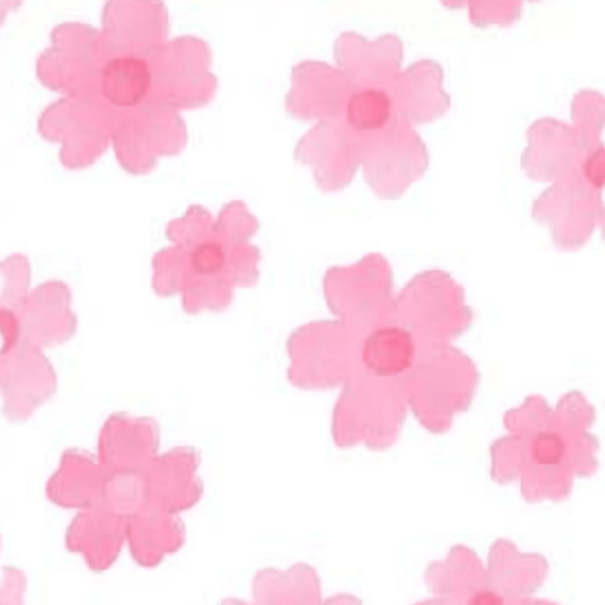 Watercolour pink flowers scattered on a white background quilting cotton fabric