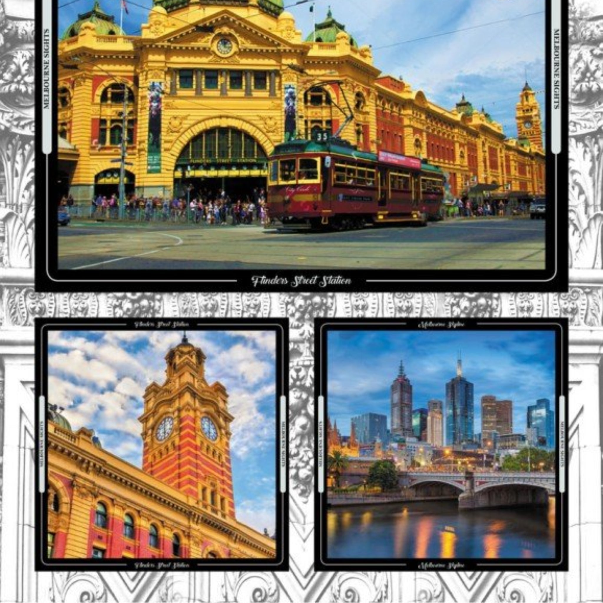 Collage of images featuring Melbourne's Flinders Street Station, a clock tower, and city skyline on fabric panel