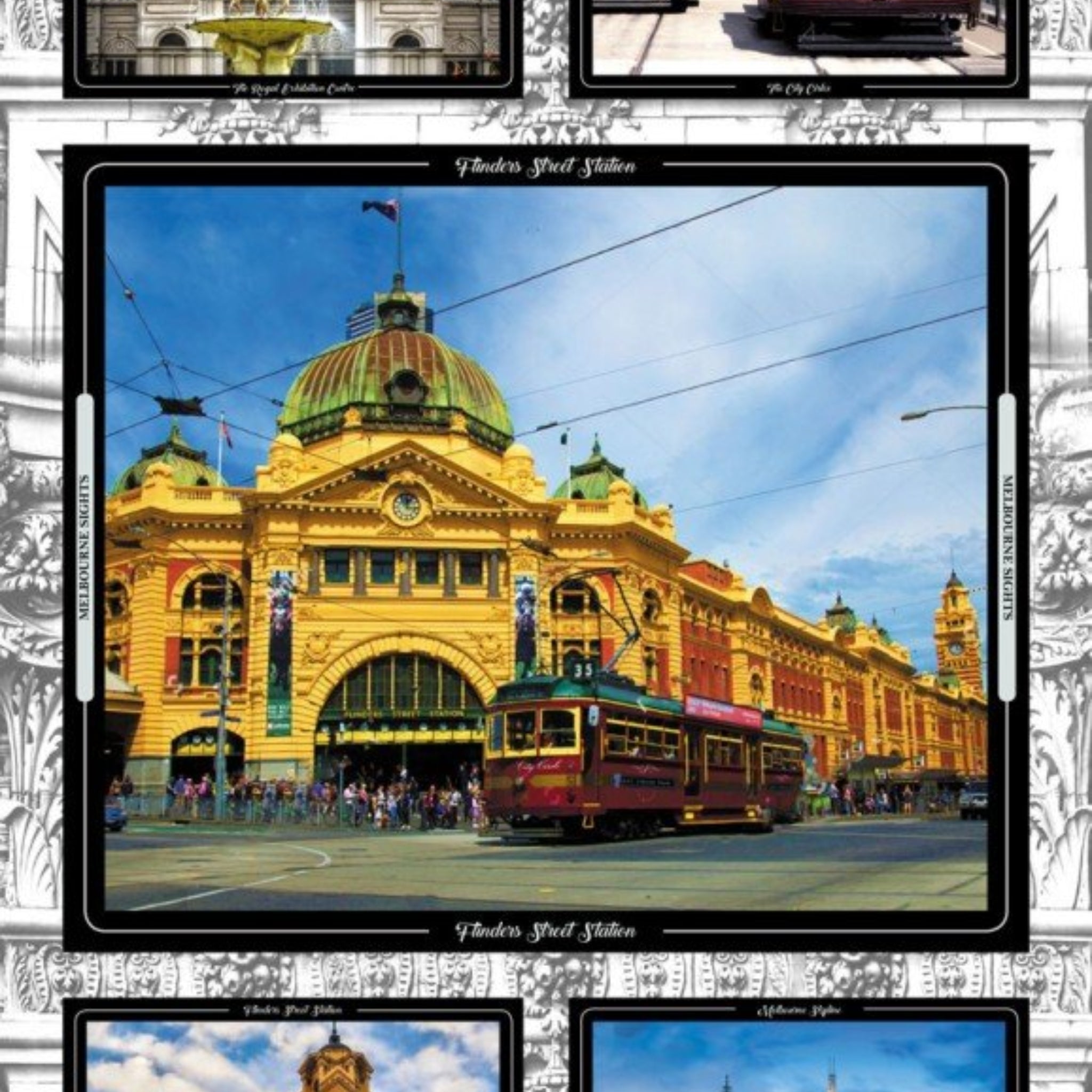 Melbourne landmarks panel trams Flinders Street Station colourful blocks fabric for tote bags wall hangings and Australian-themed projects