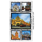 Melbourne landmarks panel trams Flinders Street Station colourful blocks fabric for tote bags wall hangings