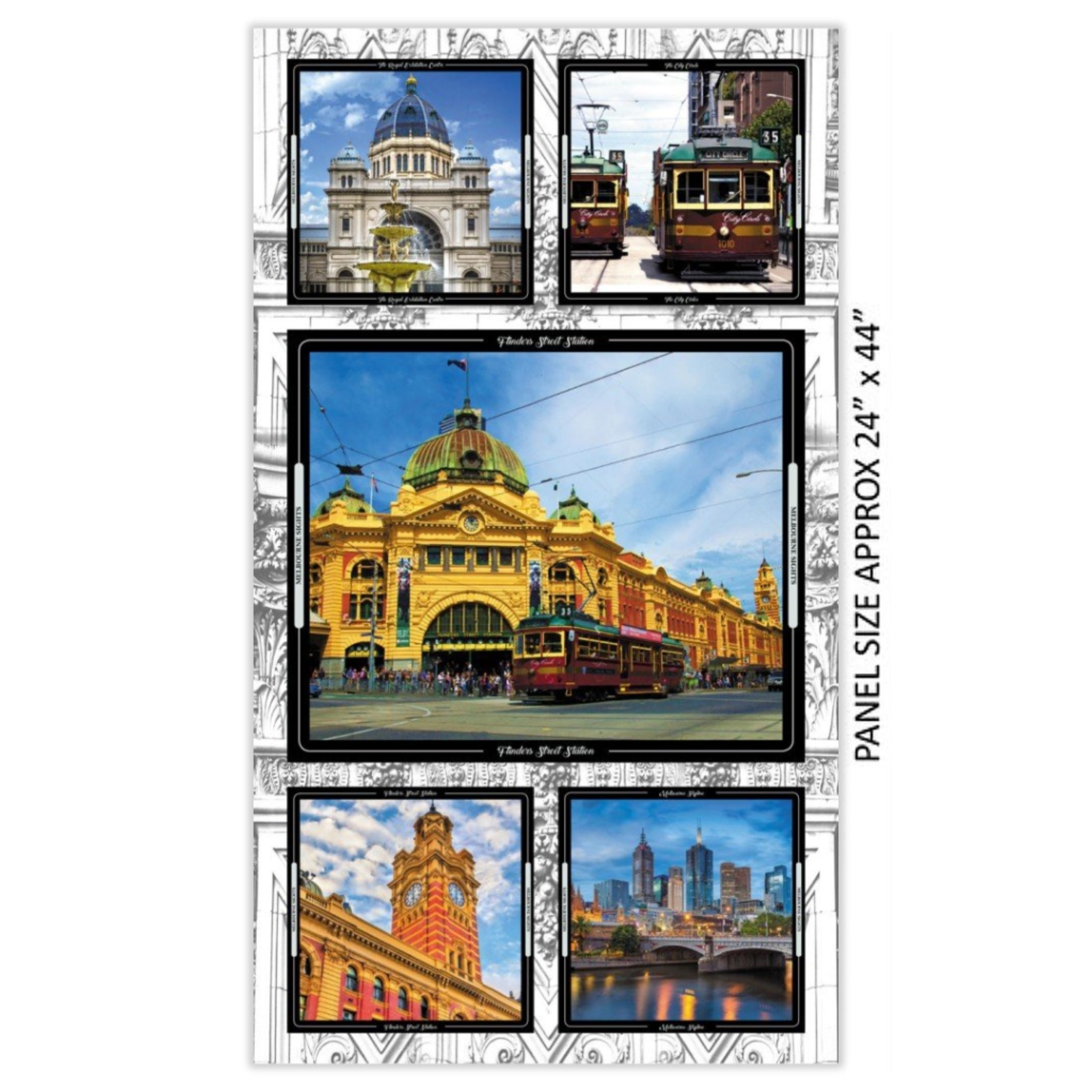 Melbourne landmarks panel trams Flinders Street Station colourful blocks fabric for tote bags wall hangings