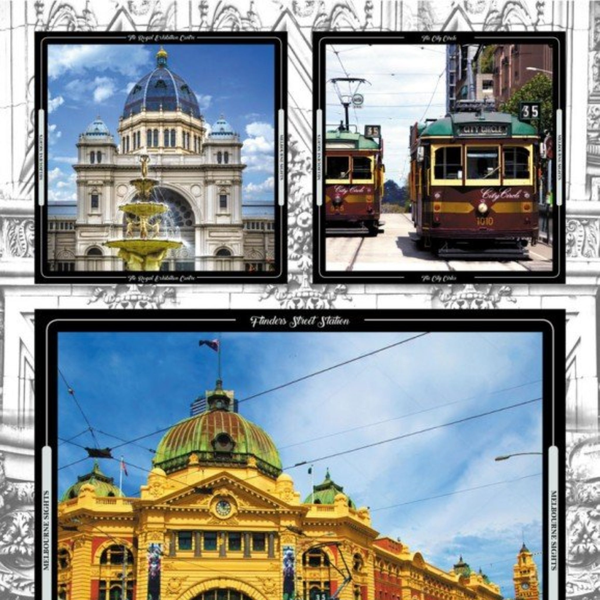Melbourne landmarks panel trams Flinders Street Station colourful blocks fabric for tote bags wall hangings and Australian-themed projects