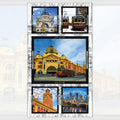 Melbourne landmarks panel trams Flinders Street Station colourful blocks fabric for tote bags wall hangings and Australian-themed projects
