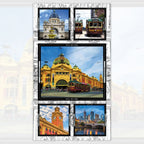 Melbourne landmarks panel trams Flinders Street Station colourful blocks fabric for tote bags wall hangings and Australian-themed projects