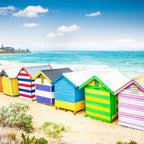 Brighton Beach bathing boxes panel rainbow colours turquoise water sandy shore fabric for wall hangings and Melbourne-themed projects