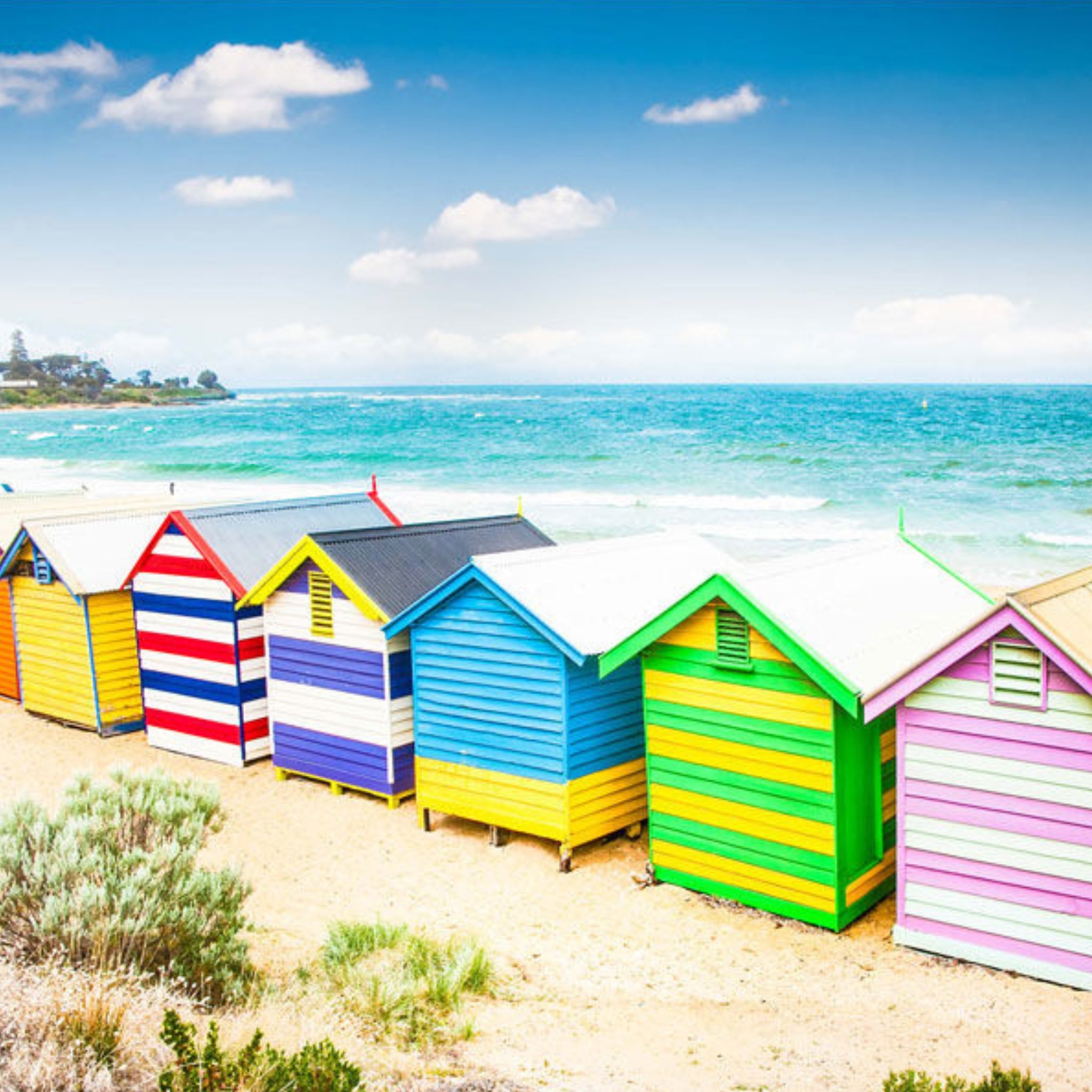 Brighton Beach bathing boxes panel rainbow colours turquoise water sandy shore fabric for wall hangings and Melbourne-themed projects