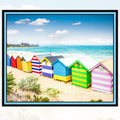 Brighton Beach bathing boxes panel rainbow colours turquoise water sandy shore fabric for wall hangings and Melbourne-themed projects