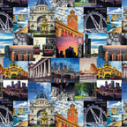 Melbourne landmarks fabric Flinders Street Station City Circle Tram Parliament House collage fabric for tote bags wall hangings and Australian-themed quilting