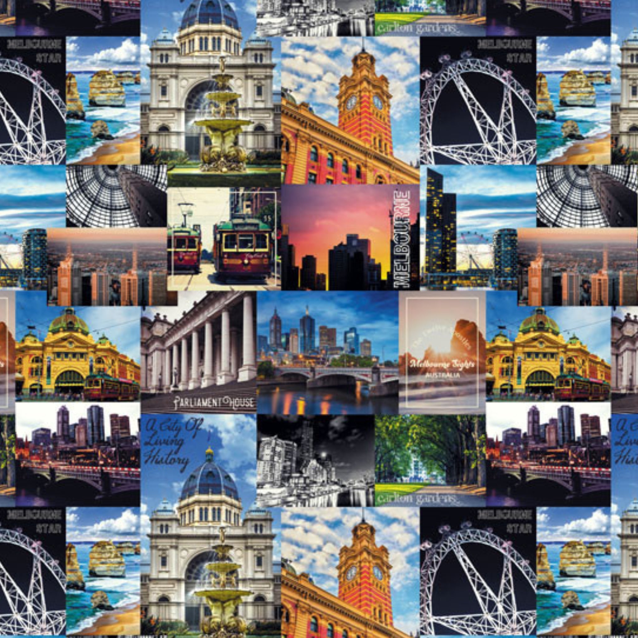 Melbourne landmarks fabric Flinders Street Station City Circle Tram Parliament House collage fabric for tote bags wall hangings and Australian-themed quilting