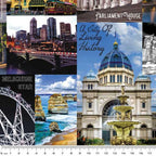 Melbourne landmarks fabric Flinders Street Station City Circle Tram Parliament House collage fabric for tote bags wall hangings and Australian-themed projects