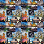 Melbourne landmarks fabric Flinders Street Station City Circle Tram Parliament House collage fabric for tote bags wall hangings and Australian-themed projects