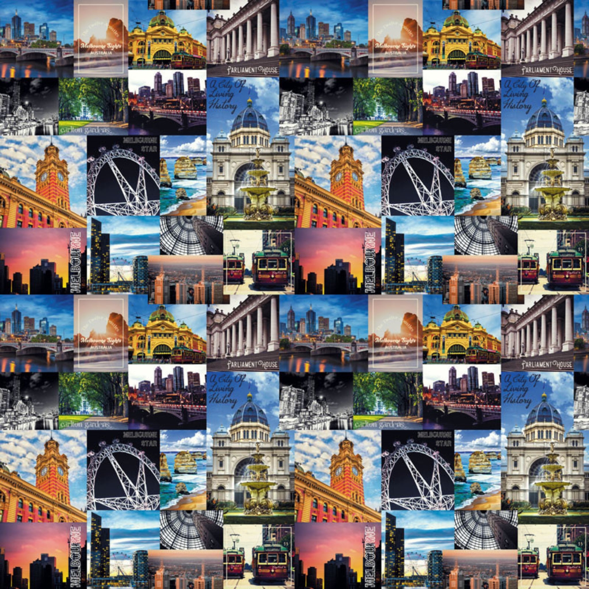 Melbourne landmarks fabric Flinders Street Station City Circle Tram Parliament House collage fabric for tote bags wall hangings and Australian-themed projects