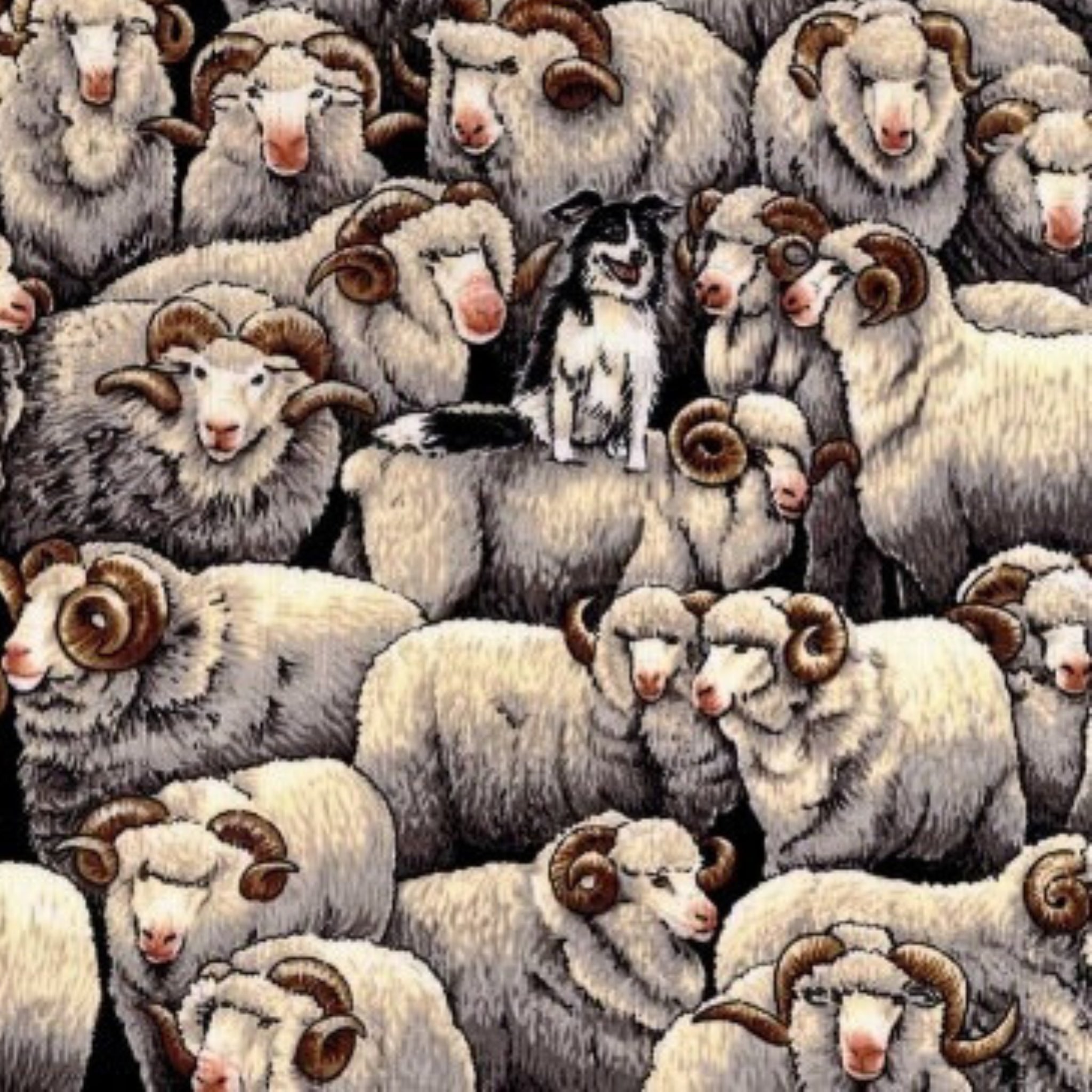 Realistic merino sheep border collie packed gray fabric for farm animal quilts and farmer gifts patchwork projects