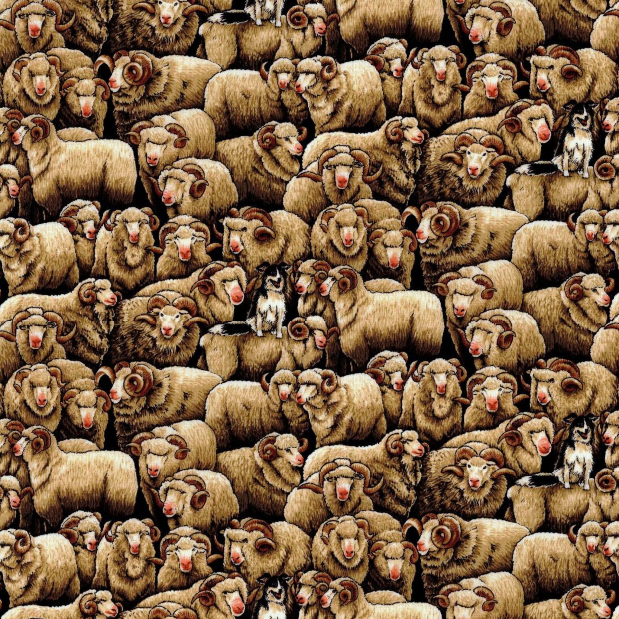 Realistic merino sheep border collie packed natural beige fabric for farm animal quilts and farmer gifts patchwork projects