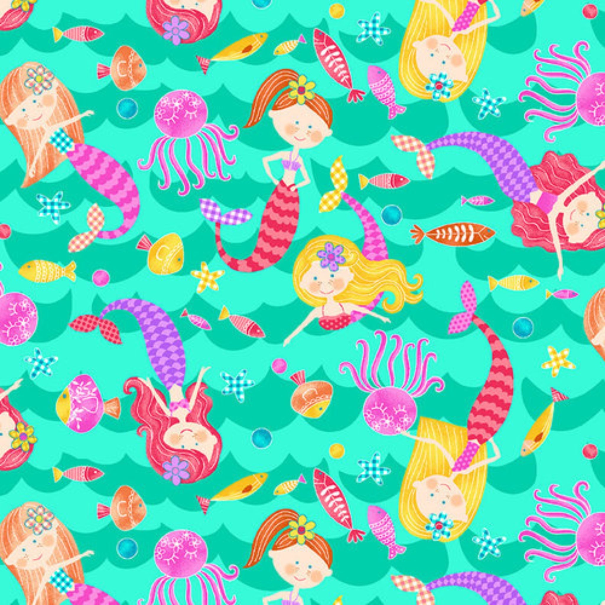 Cartoon mermaids patterned tails jellyfish fish turquoise fabric for children's quilts beach-themed projects and kids patchwork