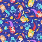 Cartoon mermaids patterned tails jellyfish fish royal blue fabric for children's quilts beach-themed projects and kids patchwork