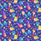 Illustrated mermaids patterned tails jellyfish fish royal blue fabric for children's quilts beach-themed projects and kids patchwork