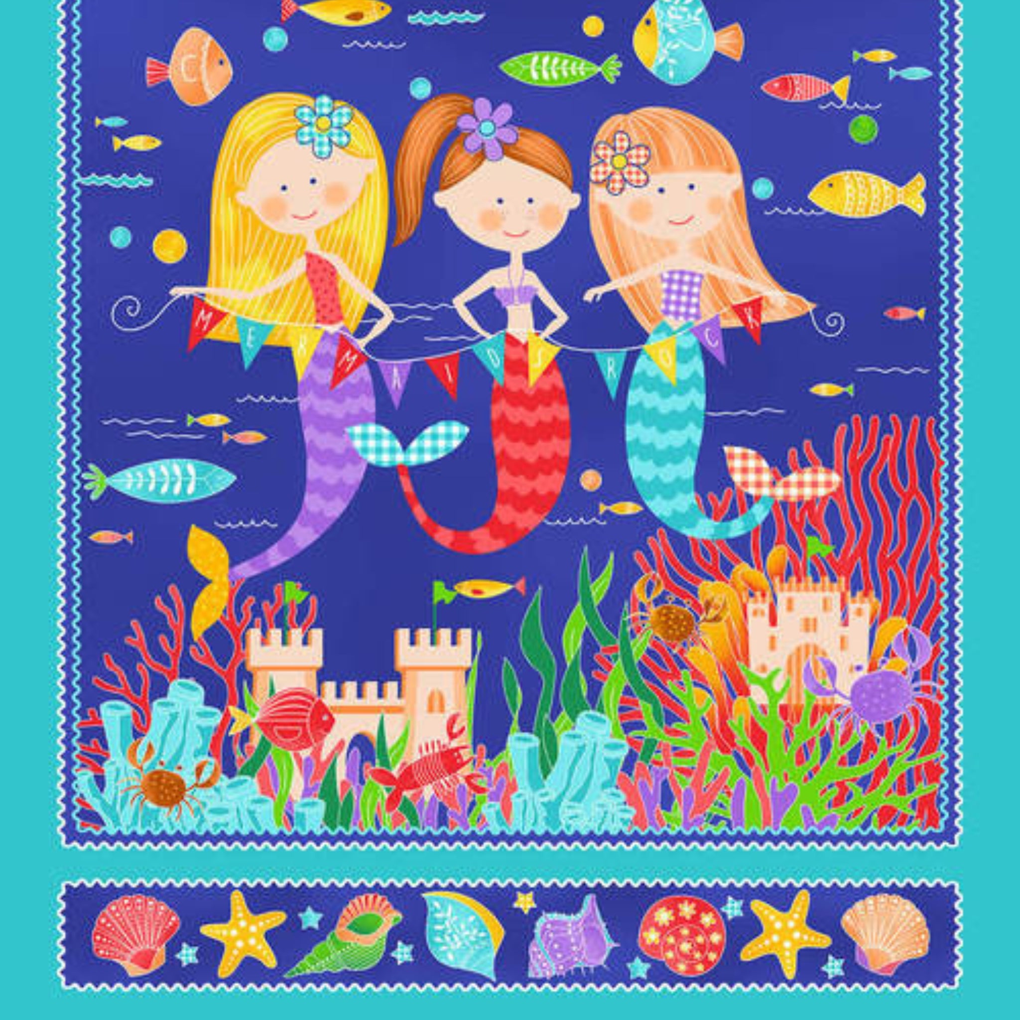 Illustrated mermaids panel bunting fish coral castle shells royal blue fabric for children's quilts wall hangings and kids projects
