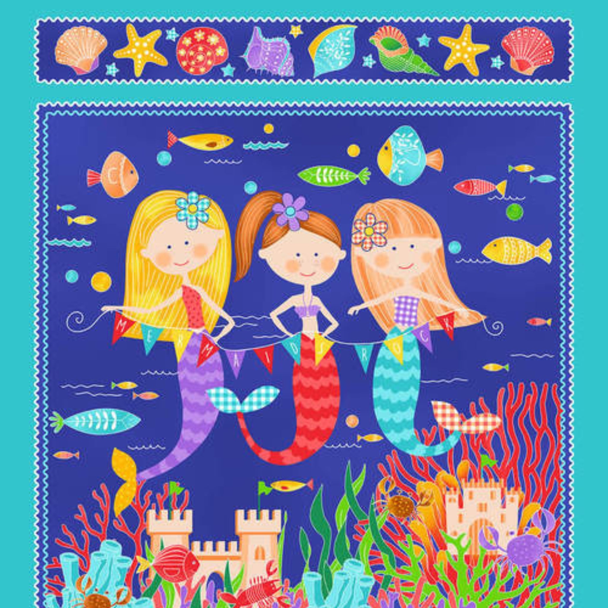 Cartoon mermaids panel bunting fish coral castle shells royal blue fabric for children's quilts wall hangings and kids projects