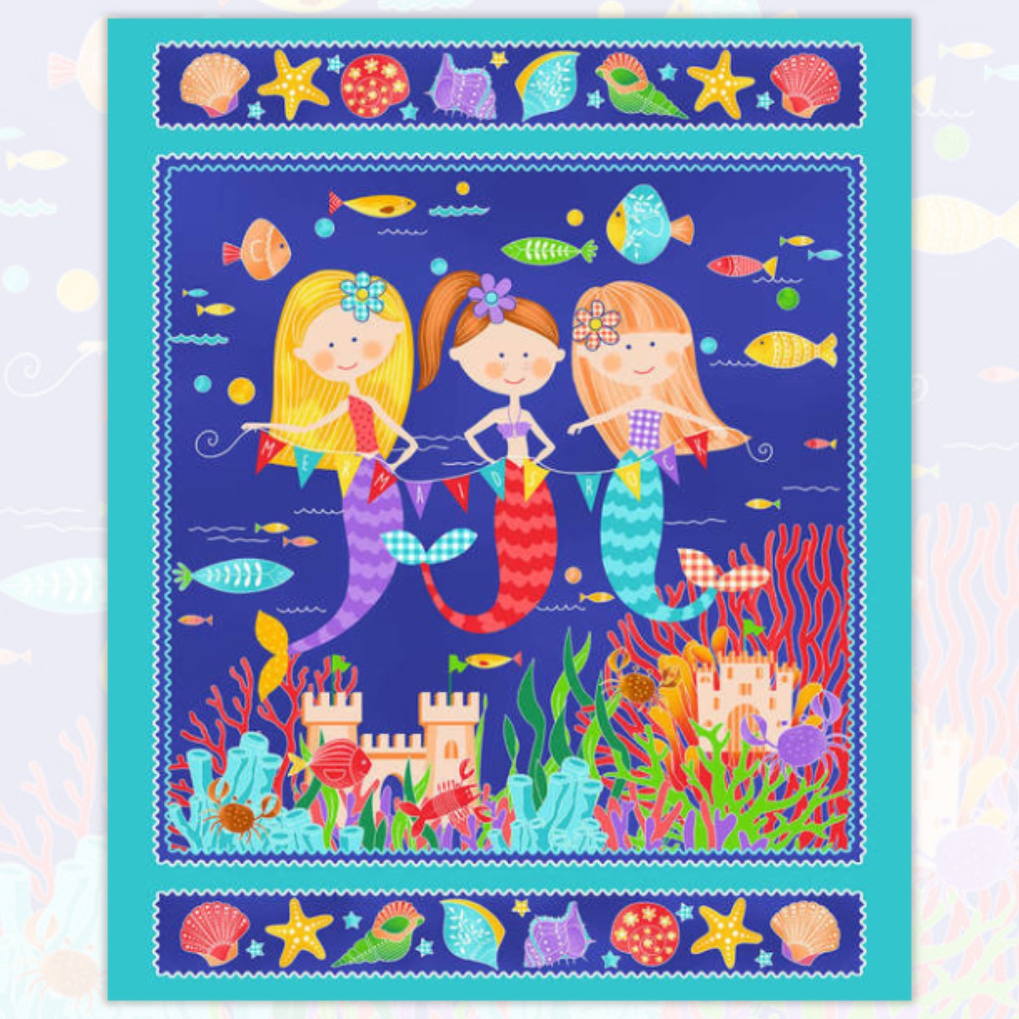 Illustrated mermaids panel bunting fish coral castle shells royal blue fabric for children's quilts wall hangings and kids projects