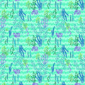 Seaweed coral purple flowers turquoise chevron wave fabric for children's quilts nursery and kids patchwork projects