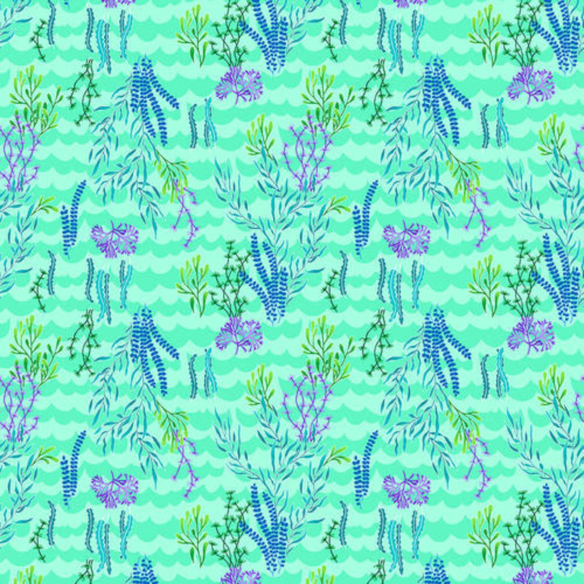 Seaweed coral purple flowers turquoise chevron wave fabric for children's quilts nursery and kids patchwork projects