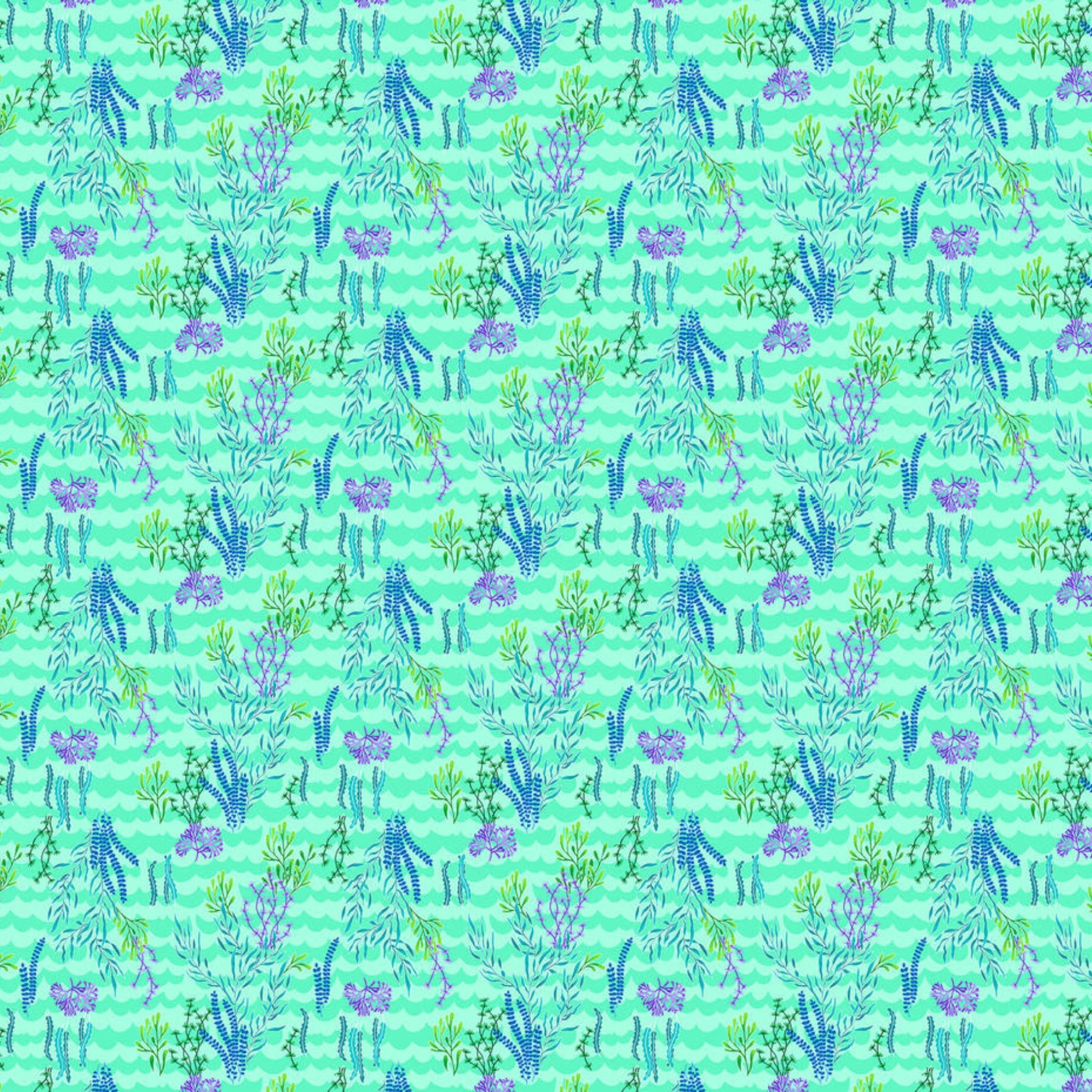 Seaweed coral purple flowers turquoise chevron wave fabric for children's quilts nursery and kids patchwork projects