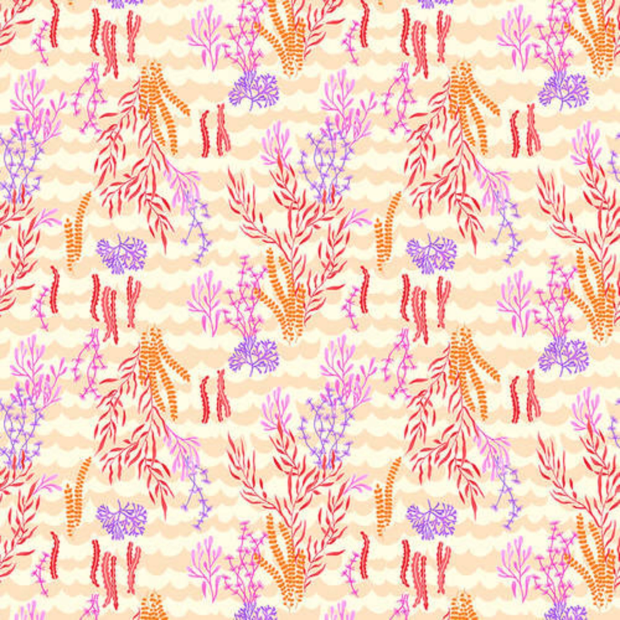 Seaweed coral purple flowers cream chevron wave fabric for children's quilts nursery and kids patchwork projects