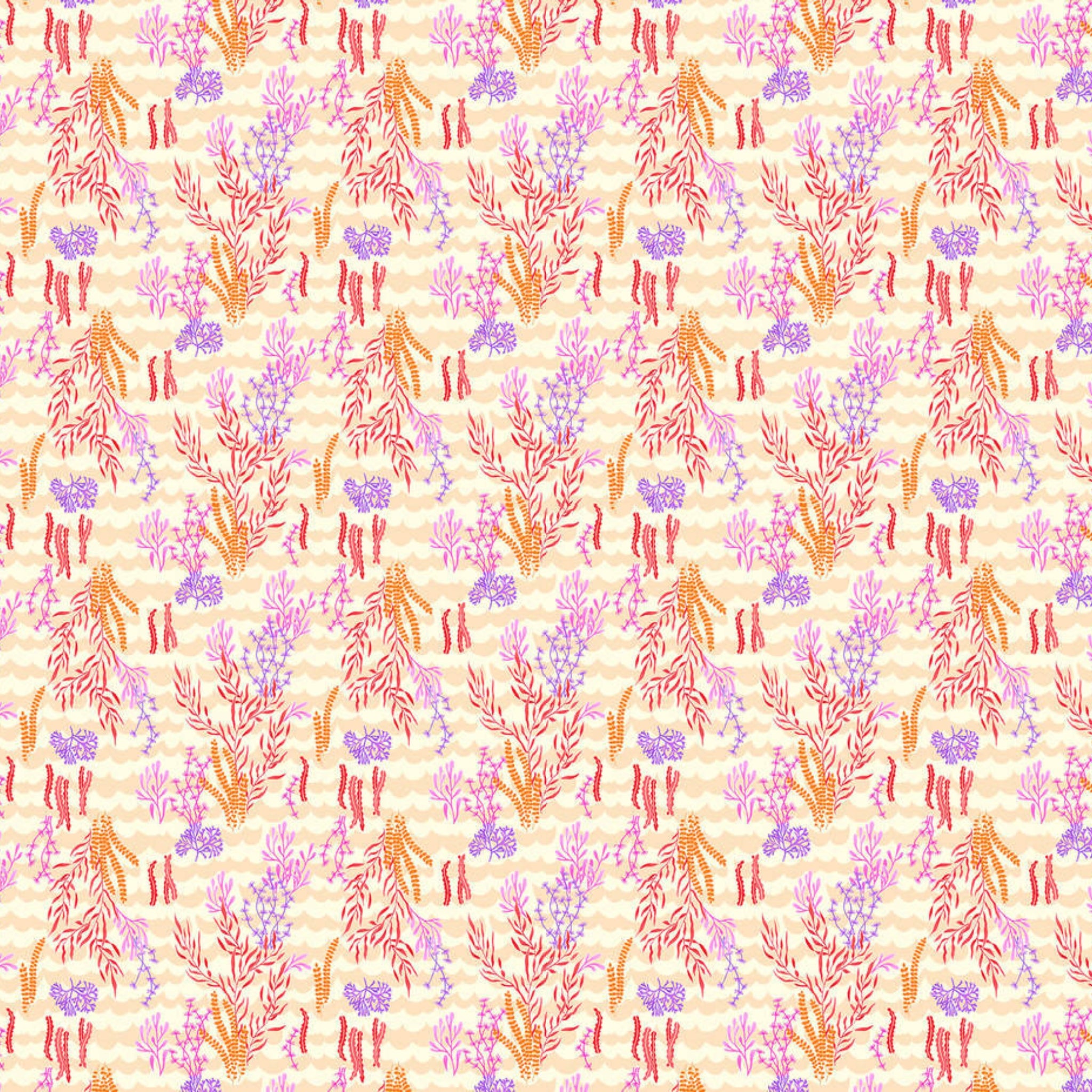 Seaweed coral purple flowers cream chevron wave fabric for children's quilts nursery and kids patchwork projects