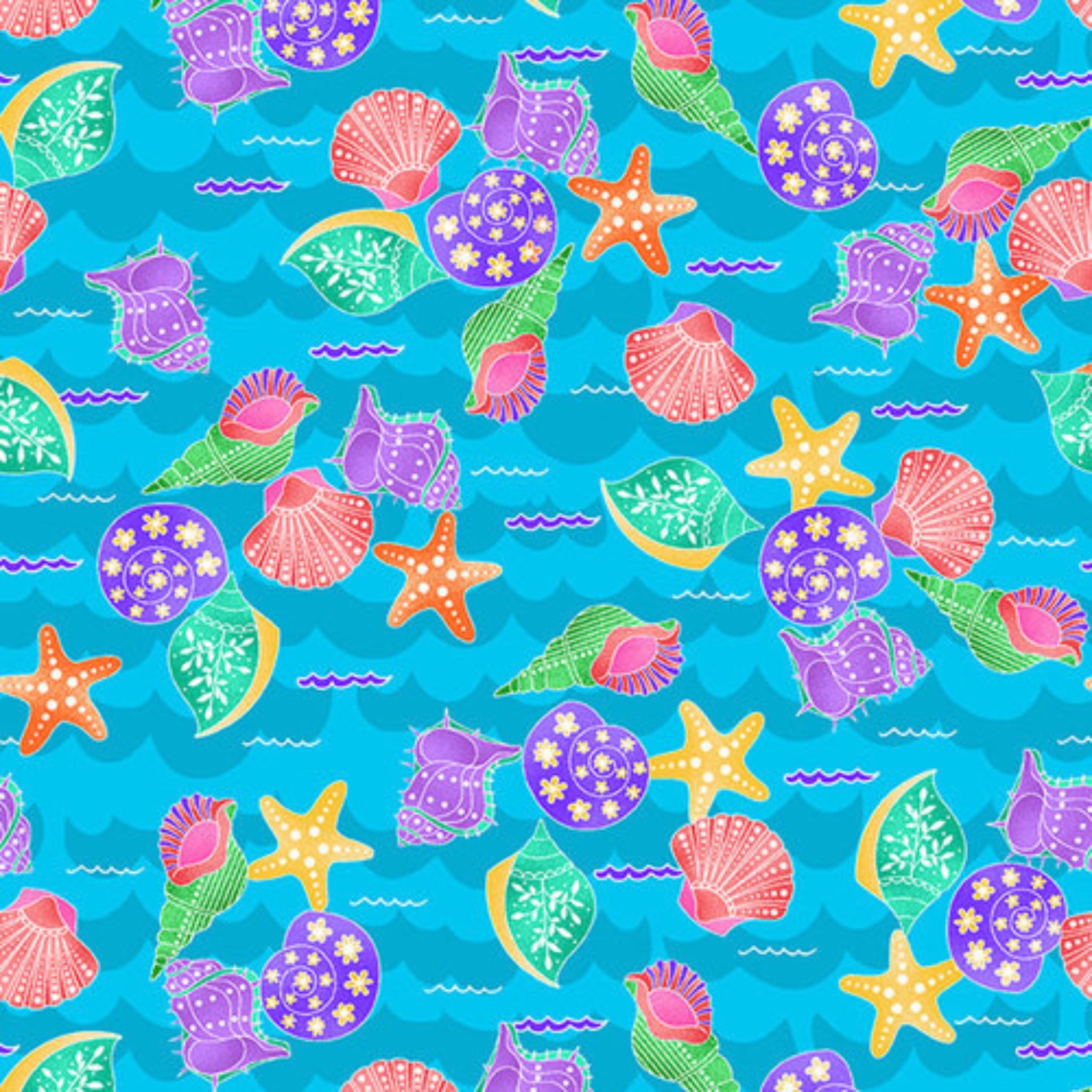 Shells starfish purple pink coral orange turquoise fabric for children's quilts nursery and kids patchwork projects
