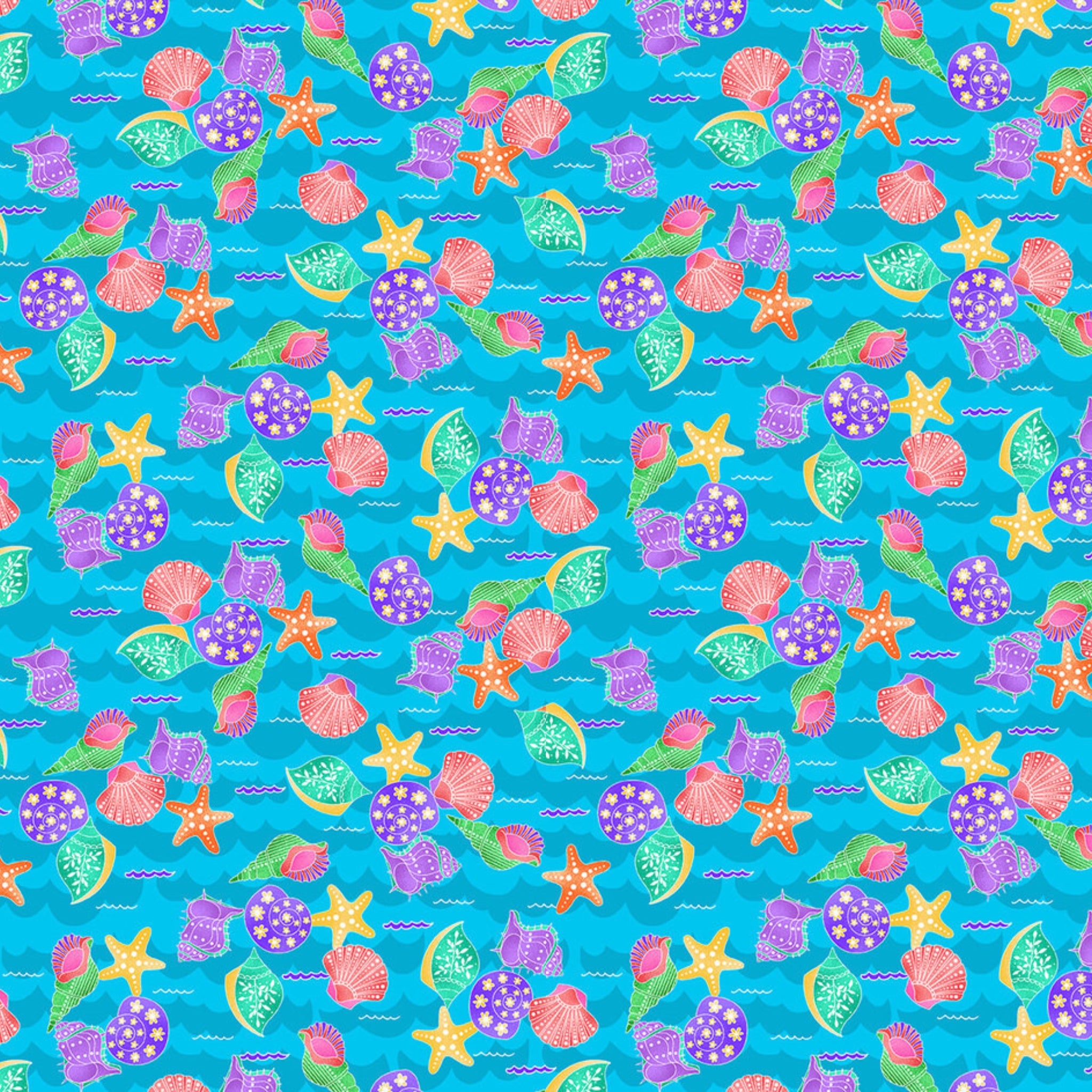Shells starfish purple pink coral orange turquoise fabric for children's quilts nursery and kids patchwork projects