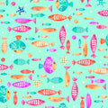 Illustrated fish pink orange turquoise coral aqua fabric for children's quilts nursery and kids patchwork projects