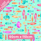 Illustrated fish pink orange turquoise coral aqua fabric for children's quilts nursery and kids patchwork projects