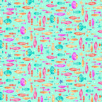 Cartoon fish pink orange turquoise coral aqua fabric for children's quilts nursery and kids patchwork projects