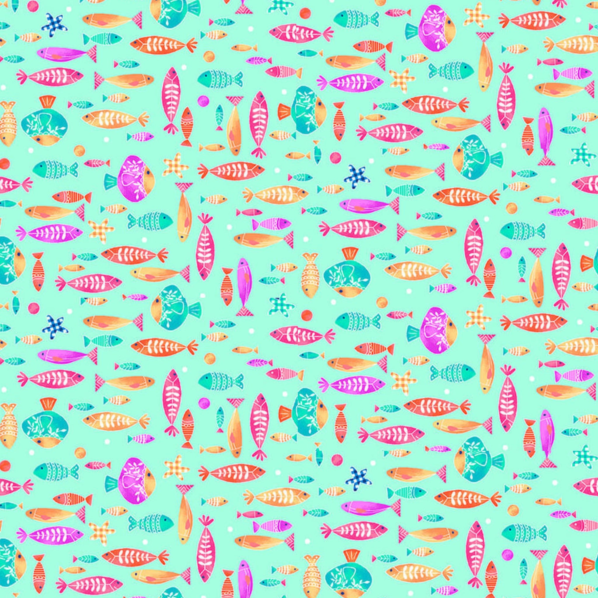 Cartoon fish pink orange turquoise coral aqua fabric for children's quilts nursery and kids patchwork projects