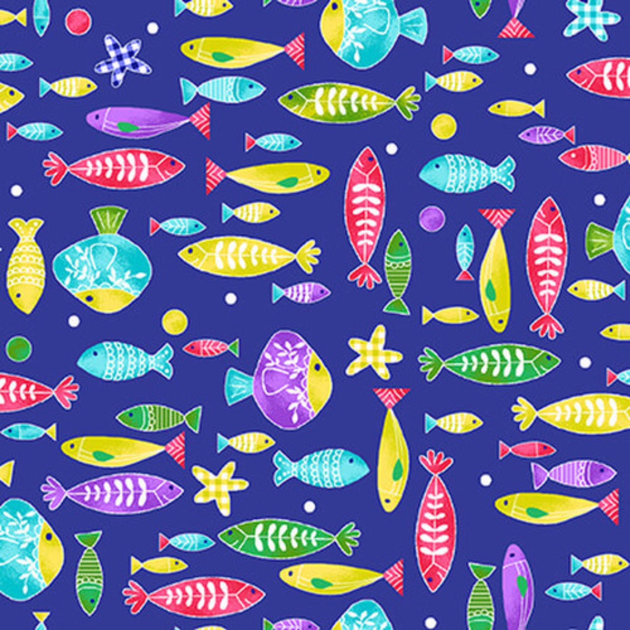 Illustrated fish pink yellow green turquoise coral royal blue fabric for children's quilts nursery and kids patchwork projects