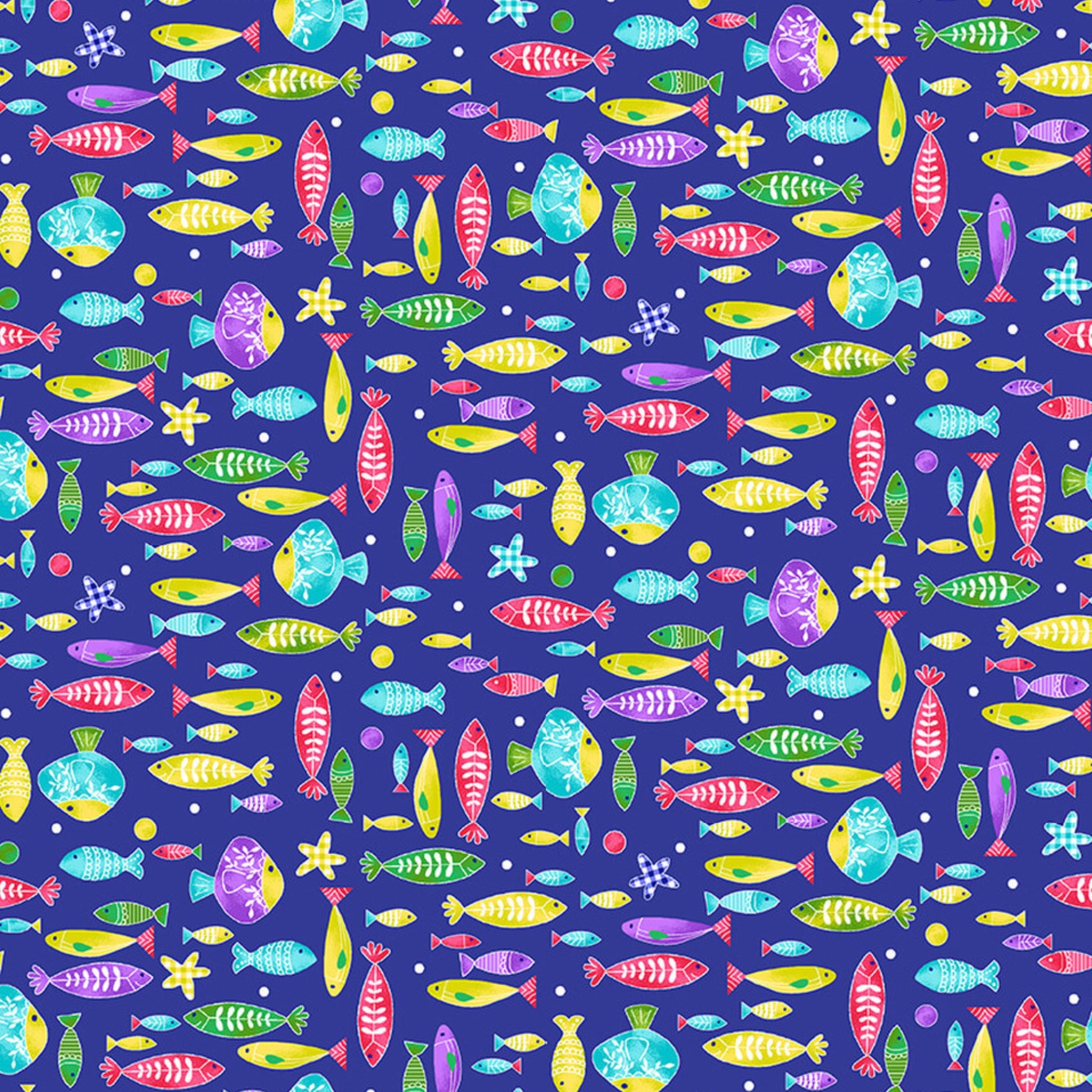 Cartoon fish pink yellow green turquoise coral royal blue fabric for children's quilts nursery and kids patchwork projects