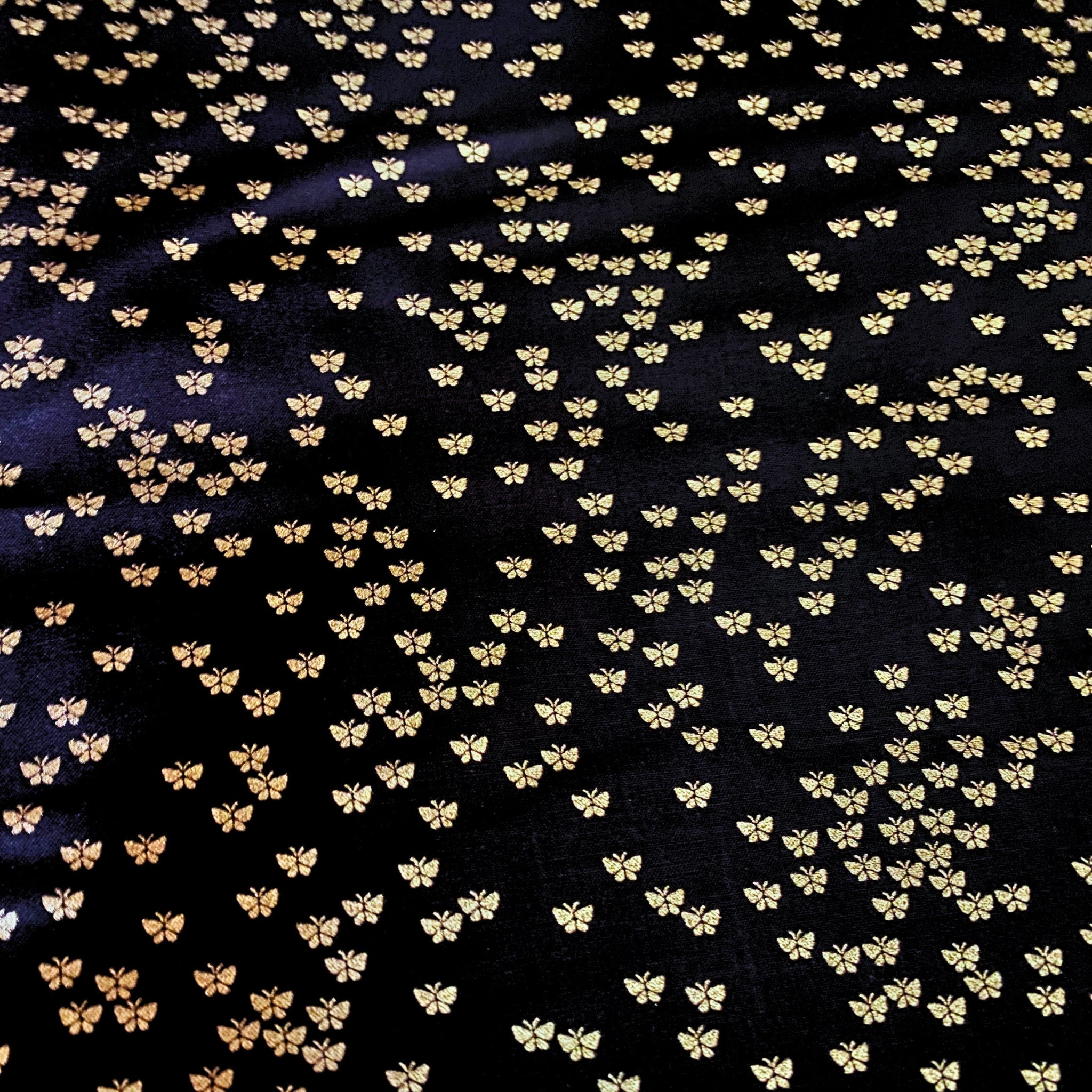 Metallic gold tiny butterflies black fabric for makeup bags tote bags zip pouches gift bags girls quilts spring quilts and patchwork sewing projects