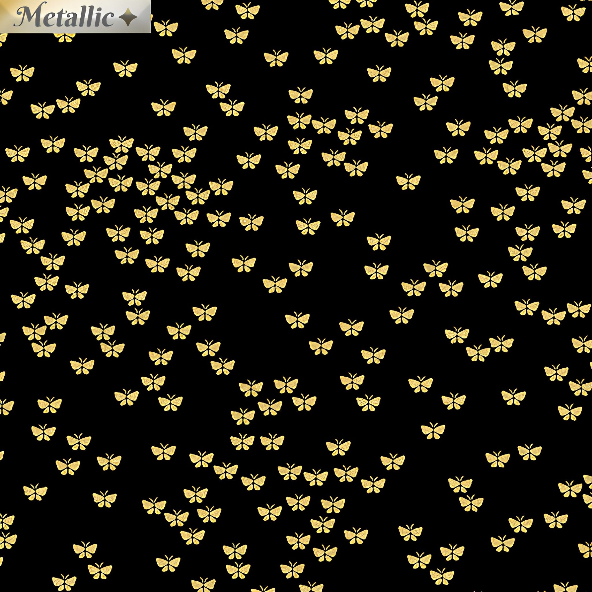 Metallic gold small butterflies black fabric for makeup bags tote bags zip pouches gift bags girls quilts spring quilts and patchwork sewing projects