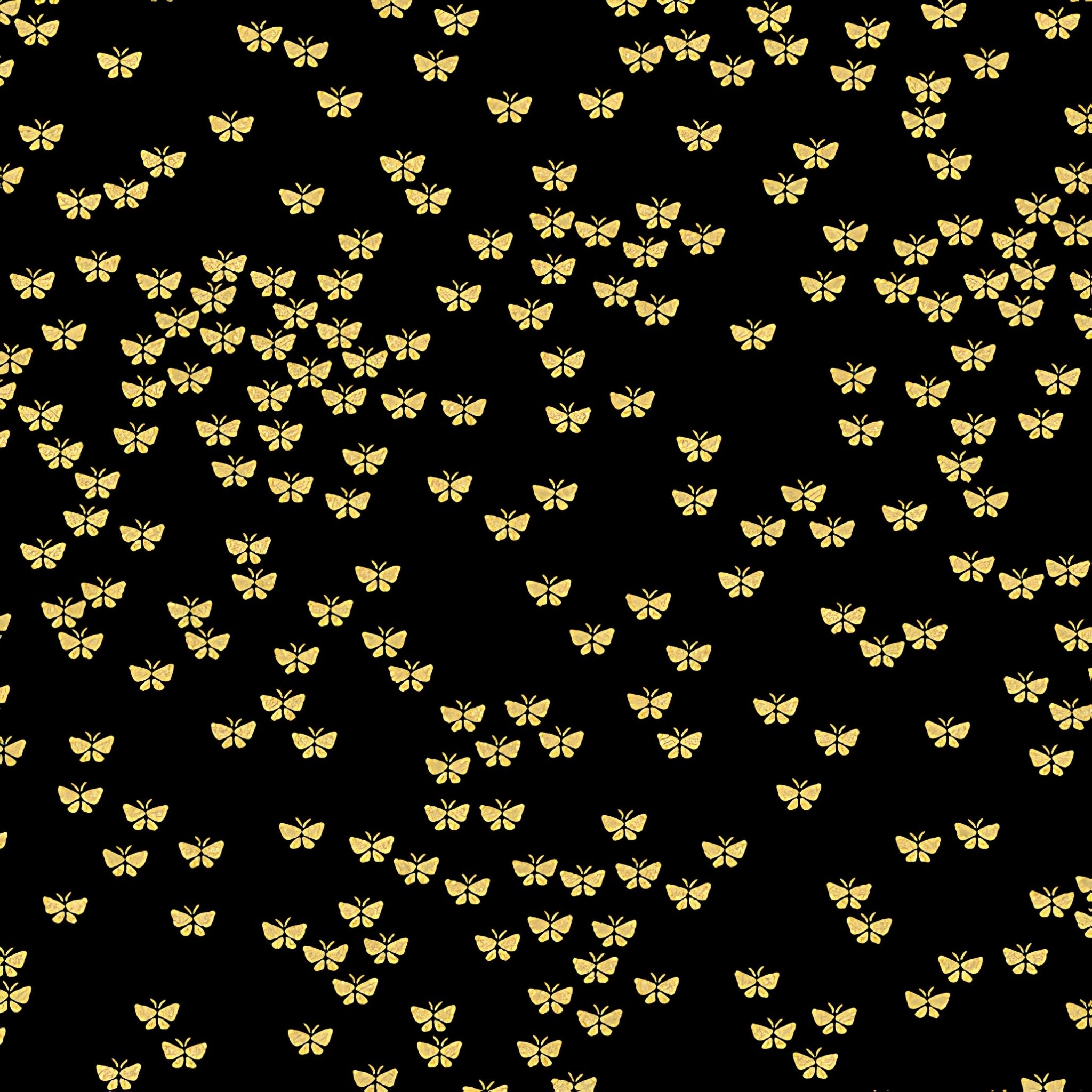 Metallic gold butterflies black fabric for makeup bags tote bags zip pouches gift bags girls quilts spring quilts and patchwork sewing projects