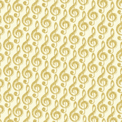 Gold Metallic Treble G Clef Music Fabric - Three Wishes Patchwork Fabric