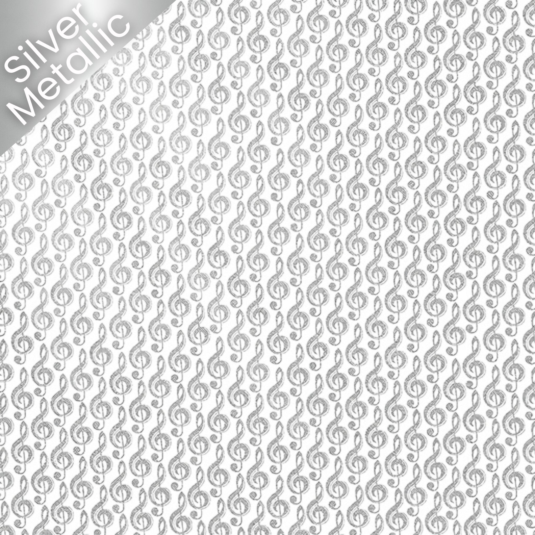 Metallic silver treble clef G clef music notes white fabric for music quilts music book bags teacher gifts and patchwork projects