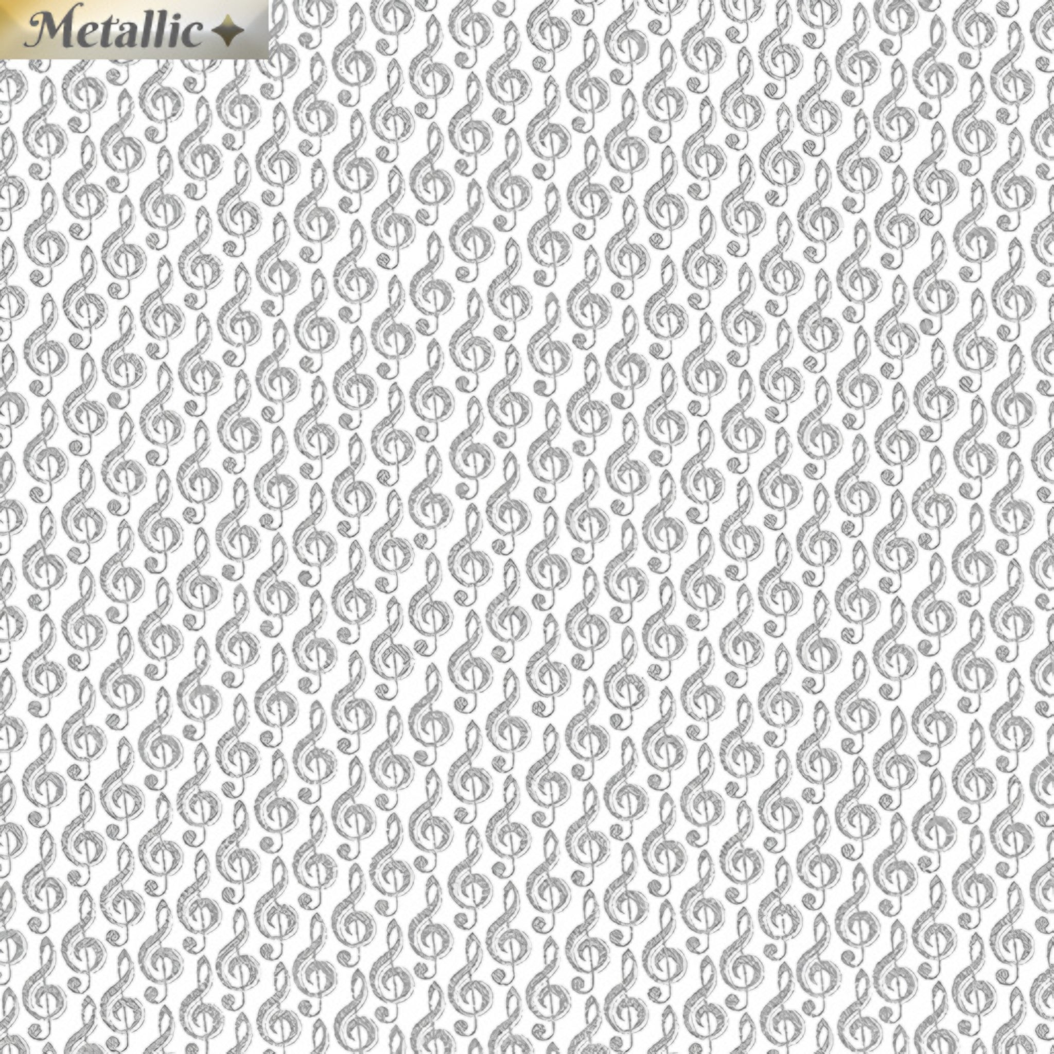 Metallic silver small treble clef G clef music notes white fabric for music quilts music book bags teacher gifts and patchwork projects