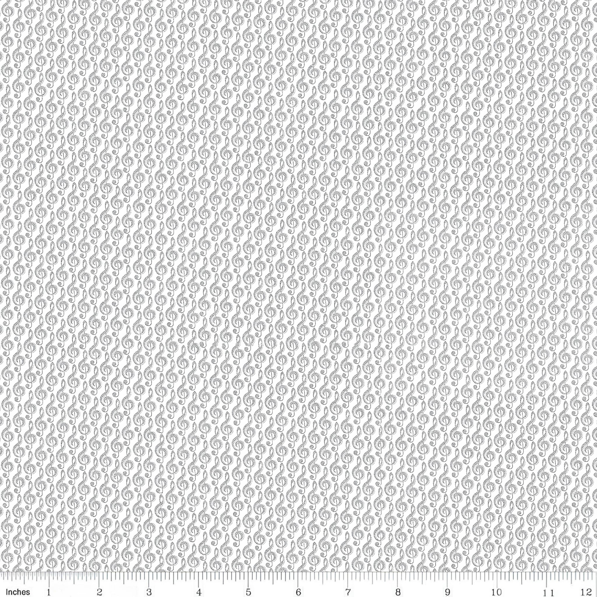 Metallic silver treble clef G clef music notes white fabric for music quilts music book bags teacher gifts and patchwork projects